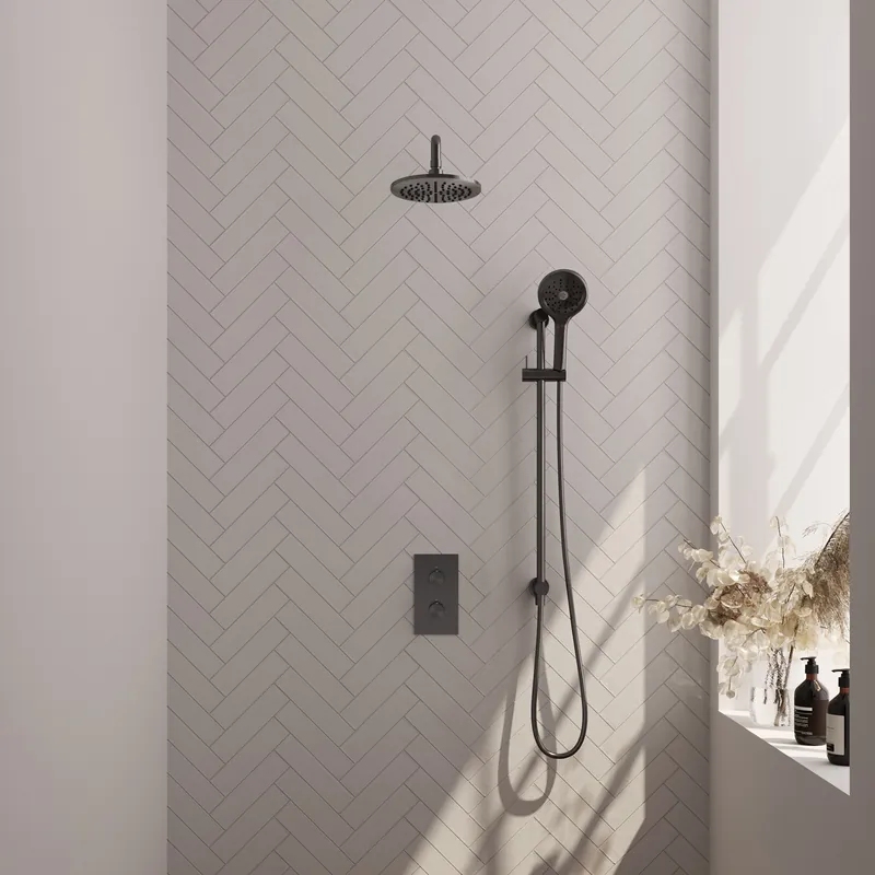 Brauer Gunmetal Editon Regendoucheset: Thermostatische Inbouwkraan met 3-Weg Omstel, Gebogen Wandarm, Douchekop 20cm, Glijstang met Wateruitlaat, 3-Standen Handdouche & Doucheslang - Set 45 - Draaiknoppen - PVD - Geborsteld Gunmetal Goedkoop