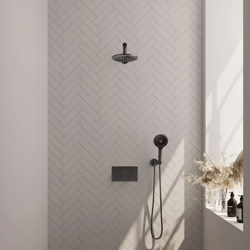 Merkproduct Brauer Gunmetal Editon Regendoucheset: Thermostatische Inbouwkraan met Drukknoppen, Rechte Wandarm, Douchekop 20cm, Wandhouder met Wateruitlaat, 3-Standen Handdouche & Doucheslang - Set 55 - Draaiknoppen - PVD - Geborsteld Gunmetal
