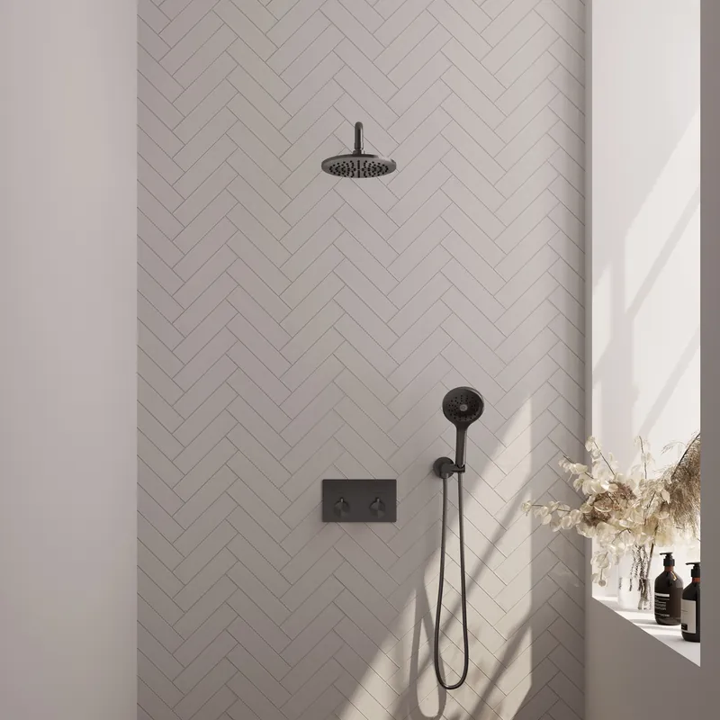 Brauer Gunmetal Editon Regendoucheset: Thermostatische Inbouwkraan met Drukknoppen, Gebogen Wandarm, Douchekop 20cm, Wandhouder met Wateruitlaat, 3-Standen Handdouche & Doucheslang - Set 57 - Draaiknoppen - PVD - Geborsteld Gunmetal Favoriet