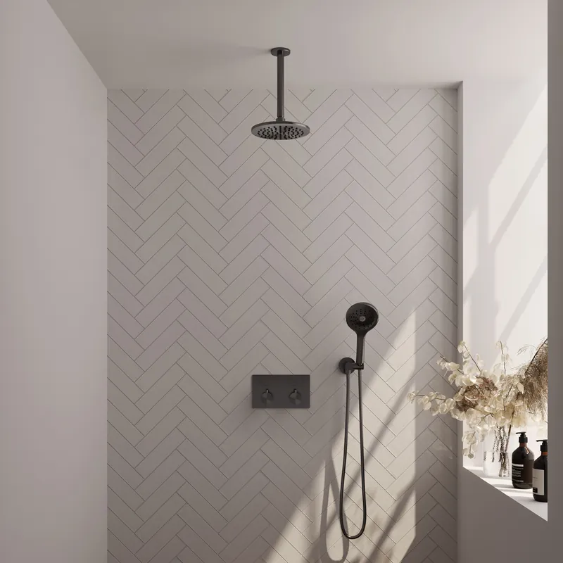 Brauer Gunmetal Editon Regendoucheset: Thermostatische Inbouwkraan met Drukknoppen, Plafondarm, Douchekop 20cm, Wandhouder met Wateruitlaat, 3-Standen Handdouche & Doucheslang - Set 59 - Draaiknoppen - PVD - Geborsteld Gunmetal Flitsaanbieding