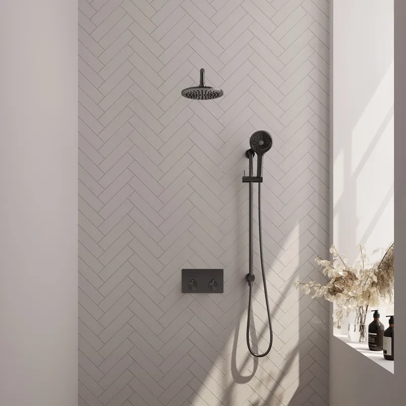 Brauer Gunmetal Editon Regendoucheset: Thermostatische Inbouwkraan met Drukknoppen, Gebogen Wandarm, Douchekop 20cm, Glijstang met Wateruitlaat, 3-Standen Handdouche & Doucheslang - Set 69 - Draaiknoppen - PVD - Geborsteld Gunmetal Gereduceerde Prijs