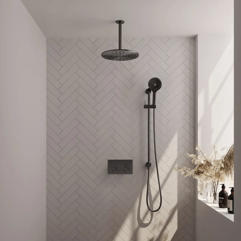 Brauer Gunmetal Editon Regendoucheset: Thermostatische Inbouwkraan met Drukknoppen, Plafondarm, Douchekop 30cm, Glijstang met Wateruitlaat, 3-Standen Handdouche & Doucheslang - Set 72 - Draaiknoppen - PVD - Geborsteld Gunmetal Koop Online