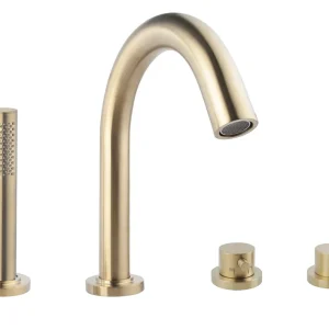 Wiesbaden Caral 4-Gats Thermostatische Badrandkraan Afbouwset met Staaf Handdouche - Geborsteld Messing Premium