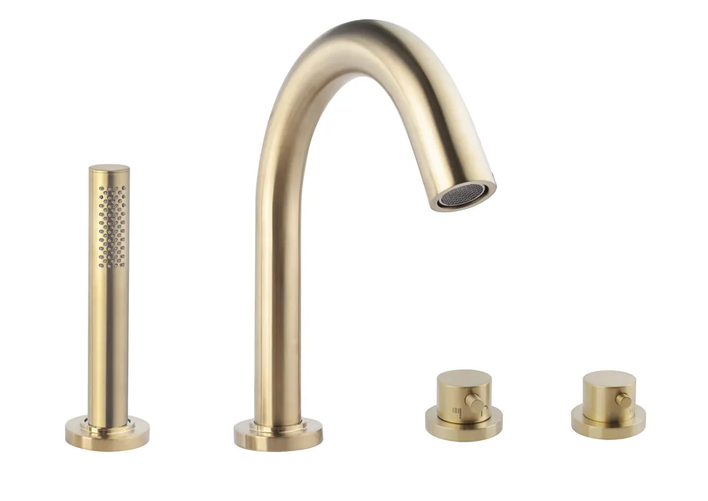 Wiesbaden Caral 4-Gats Thermostatische Badrandkraan Afbouwset met Staaf Handdouche - Geborsteld Messing Premium