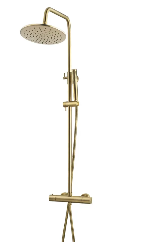 Koopje Wiesbaden Caral Thermostatische Opbouw Douchekraan met Glijstang en Staaf Handdouche - Ø25cm - Geborsteld Messing