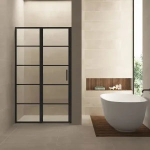 Direct Beschikbaar Wiesbaden Horizon Nisdeur met Raster en Vast Paneel - Nano Coating - 8mm Helder Glas - 130x200cm - Mat Zwart