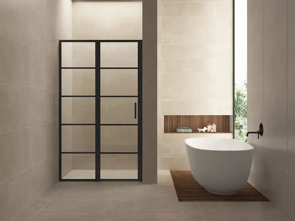 Direct Beschikbaar Wiesbaden Horizon Nisdeur met Raster en Vast Paneel - Nano Coating - 8mm Helder Glas - 130x200cm - Mat Zwart