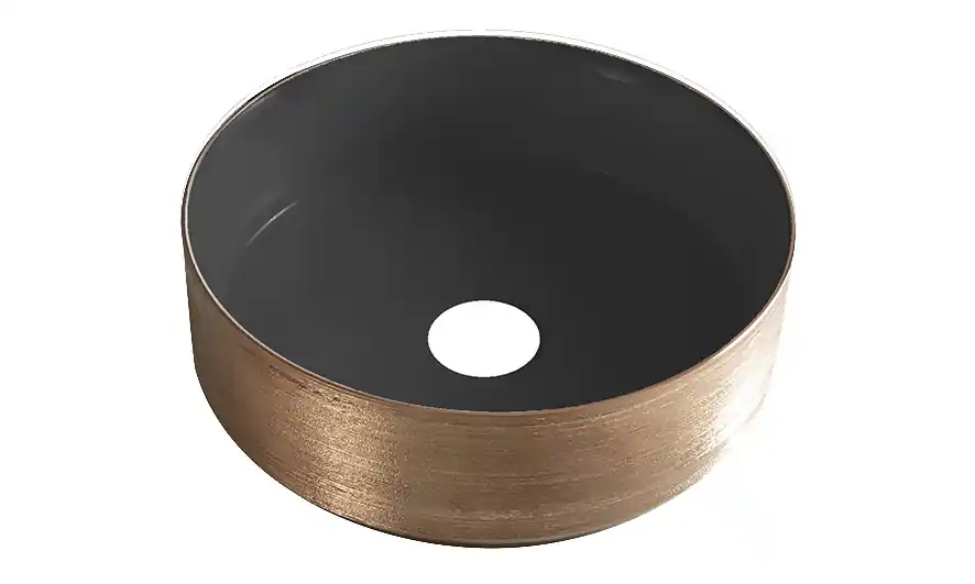 Wiesbaden Mondri Keramisch Waskom - Rond - Ø36x12cm - Mat Zwart/Geborsteld Brons Koper Laatste Versie