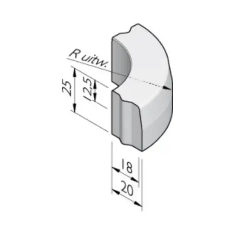 Uitverkoop Bochtband 18/20x25 R= 0.50 M inw. vb KOMO - Grijs