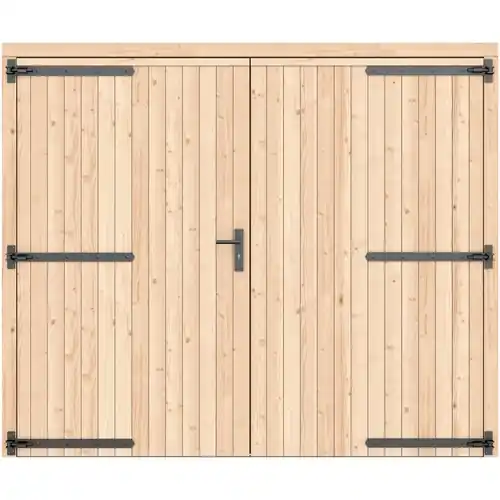 Vuren dichte dubbele deur 250x209 cm zwart beslag kleurloos geïmpregneerd 1073310 Finale Uitverkoop