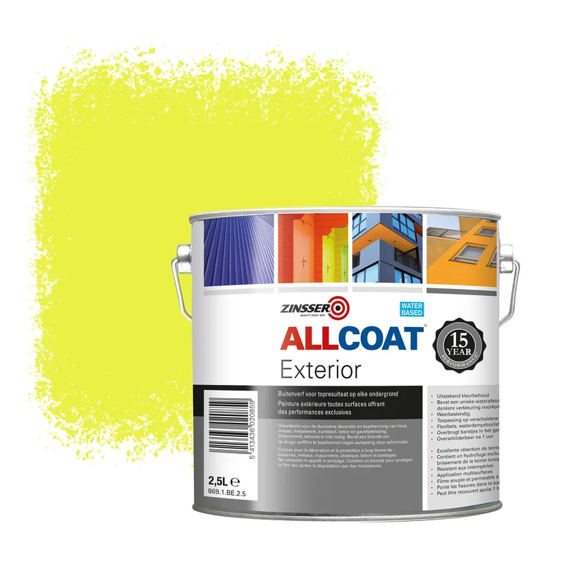 Gecertificeerd Zinsser Allcoat Exterior Muurverf RAL 1016 Zwavelgeel - 2,5 liter