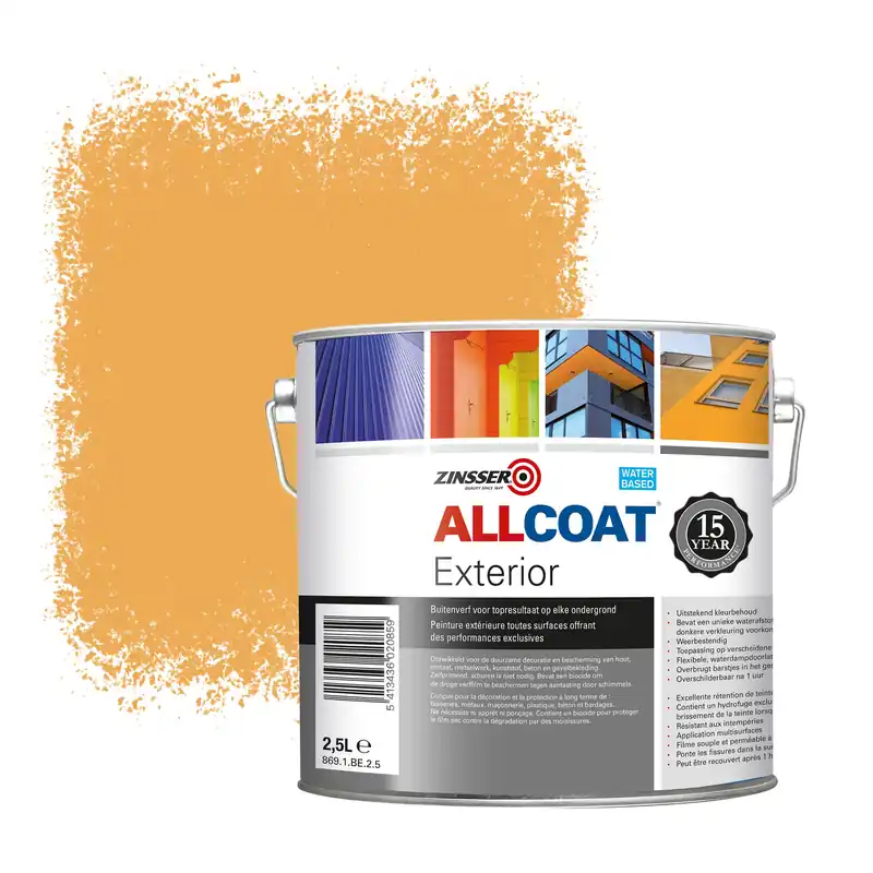 Zinsser Allcoat Exterior Muurverf RAL 1034 Pastelgeel - 2,5 liter Gereduceerde Prijs
