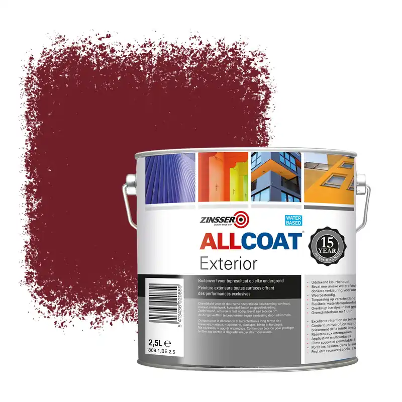 Gecertificeerd Zinsser Allcoat Exterior Muurverf RAL 3004 Purperrood - 2,5 liter