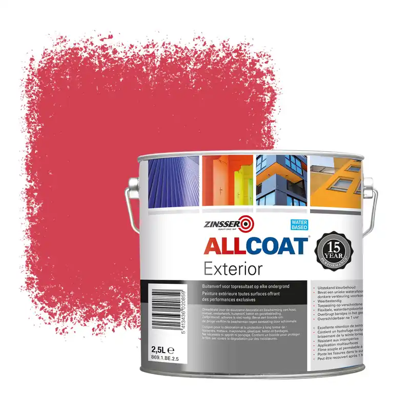 Zinsser Allcoat Exterior Muurverf RAL 3018 Aardbeirood - 2,5 liter Flitsaanbieding