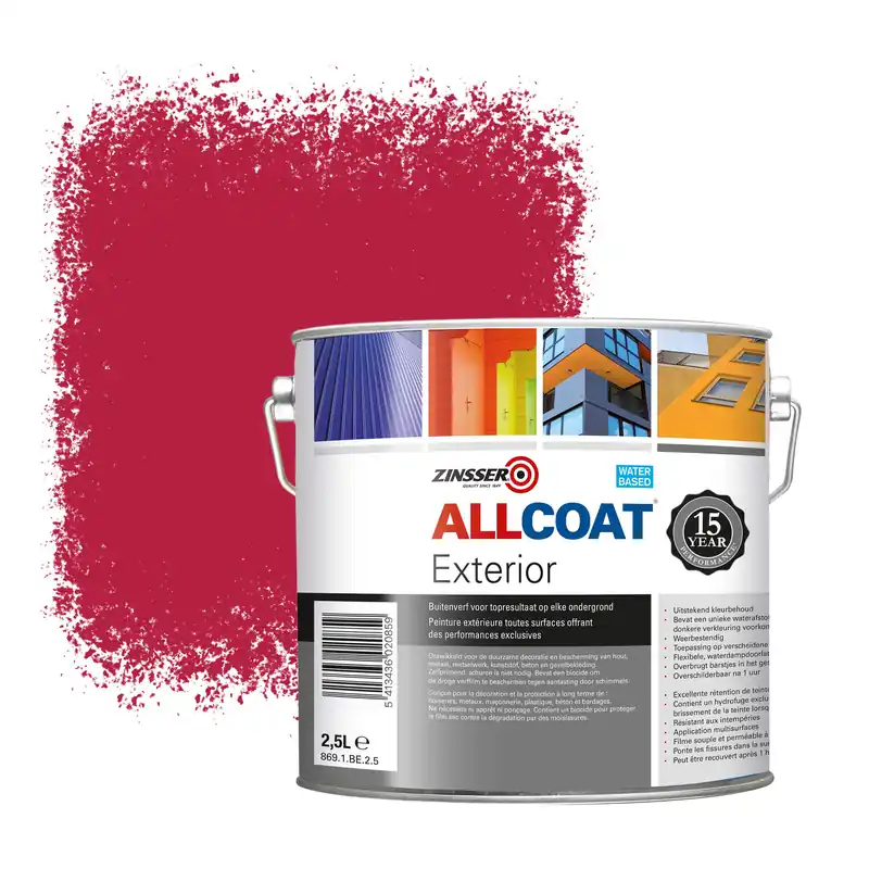 Zinsser Allcoat Exterior Muurverf RAL 3027 Signaalviolet - 2,5 liter Korting