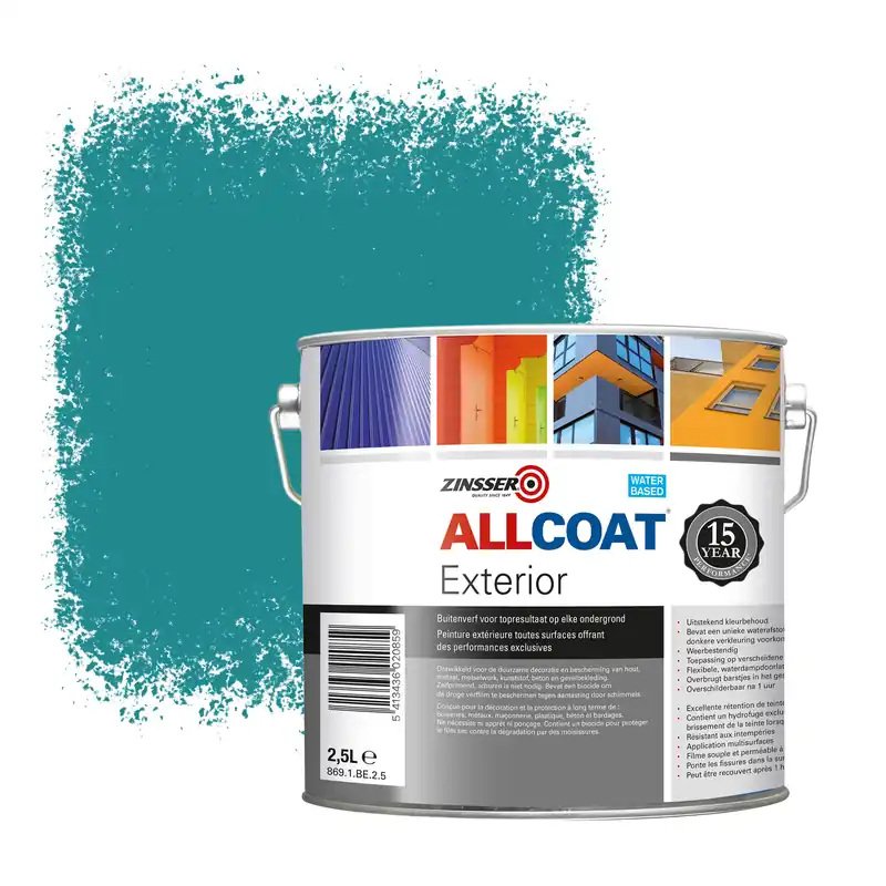 Zinsser Allcoat Exterior Muurverf RAL 5018 Turkooisblauw - 2,5 liter Voordeelprijs