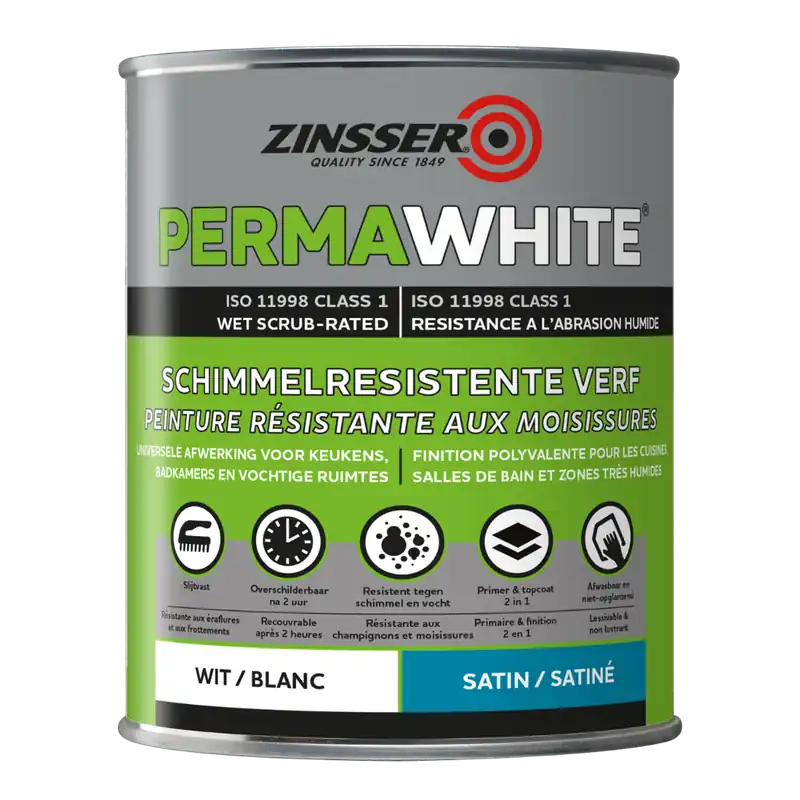 Tijdelijk Beschikbaar Zinsser Permawhite Zijdeglans 1 liter - Anti Schimmel Verf