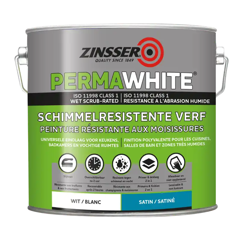 Express Levering Zinsser Permawhite Zijdeglans 2,5 liter - Anti Schimmel Verf