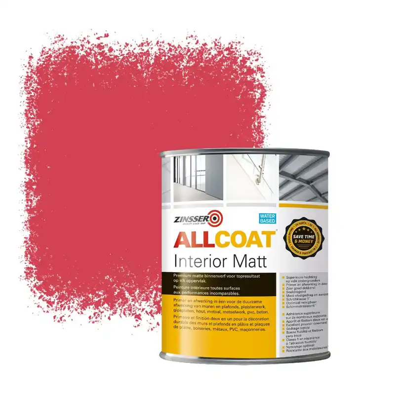 Veilige Betaling Zinsser Allcoat Interior Muurverf RAL 3018 Aardbeirood - 1 liter