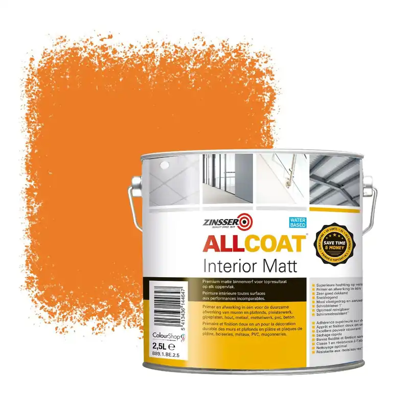 Direct Beschikbaar Zinsser Allcoat Interior Muurverf RAL 2011 Dieporanje - 2,5 liter