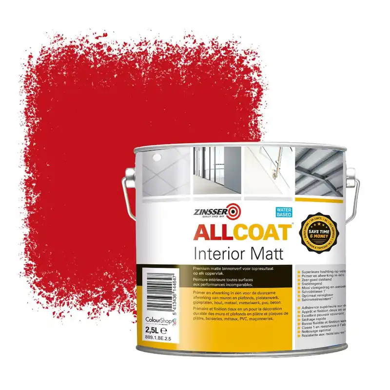Hete Deal Zinsser Allcoat Interior Muurverf RAL 3020 Verkeersrood - 2,5 liter