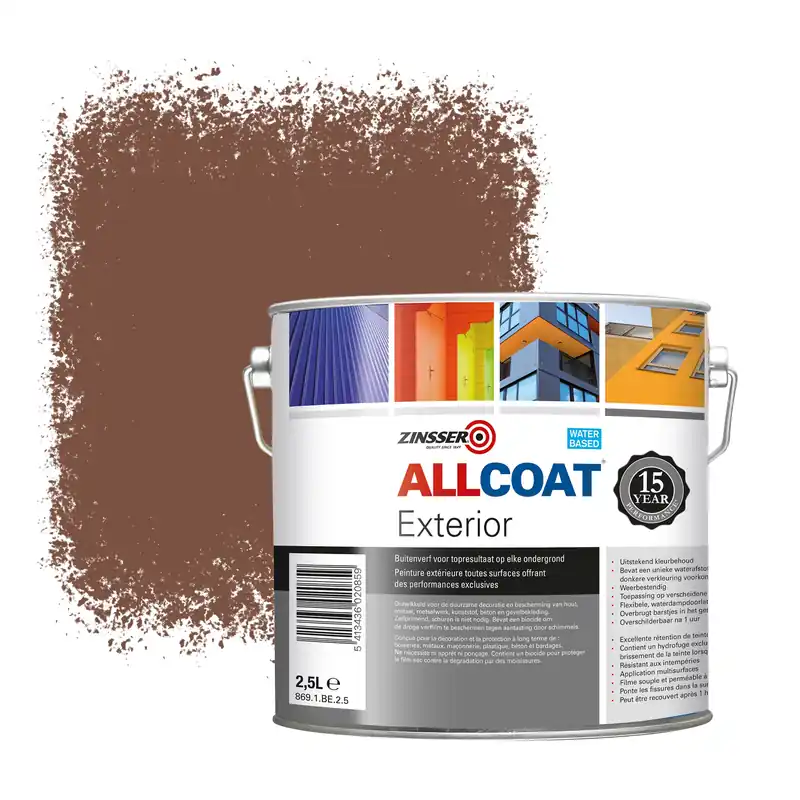 Veilige Betaling Zinsser Allcoat Exterior Muurverf RAL 8002 Signaalbruin - 2,5 liter