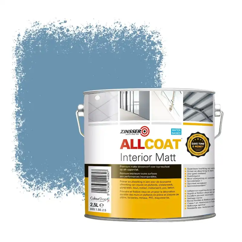 Lage Prijs Zinsser Allcoat Interior Muurverf RAL 5024 Pastelblauw - 2,5 liter