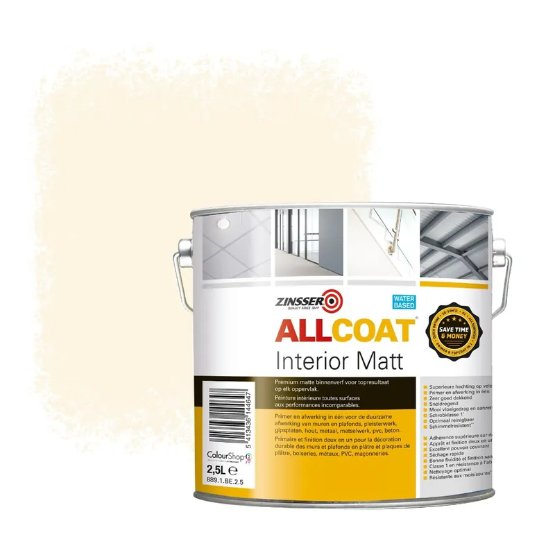 Voordeelprijs Zinsser Allcoat Interior Muurverf RAL 9001 Roomwit - 2,5 liter