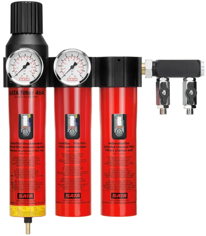 Betaalbaar SATA 484 Olie- & Waterafscheider met actieve koolfilter + drukregelaar & uitlaatmodule