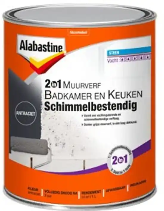 Merkproduct Alabastine 2-in-1 Muurverf Badkamer en Keuken Schimmelbestendig - 1 liter Antraciet
