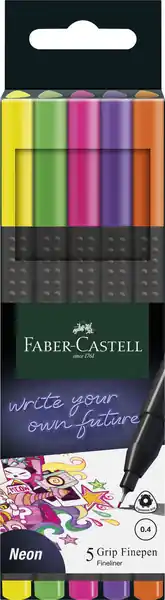 Faber Castell Fineliner Grip 0,4mm - etui 5 stuks Neon Gereduceerde Prijs