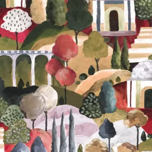 Uitverkoop Novamur Leyla Behang met abstracte huizen en bomen - 81662
