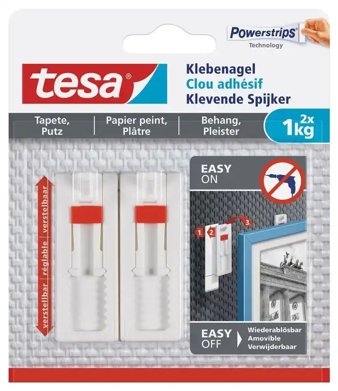 Tesa 77777 - verstelbare klevende spijker voor behang en pleister - tot 2kg - 2 stuks Premium