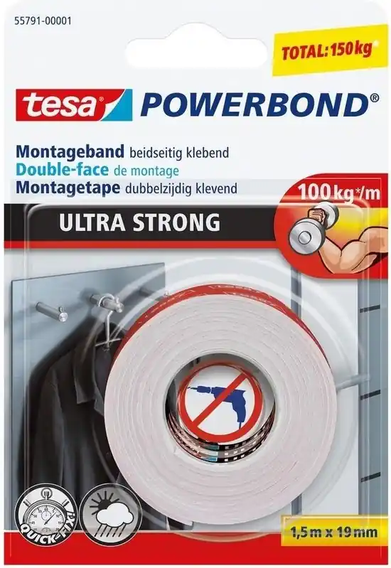 Tesa Powerbond Ultra Strong montagetape 1,5 m x 19 mm Gratis Retour