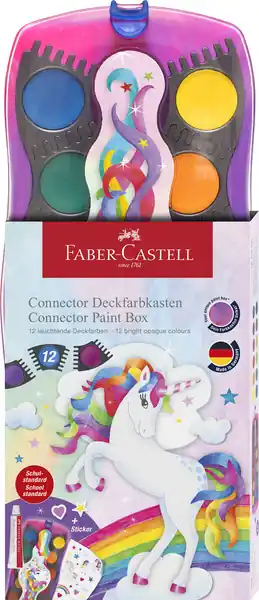 Koopje Faber Castell Waterverfdoos Connector Unicorn 12 kleuren + 1 tube wit