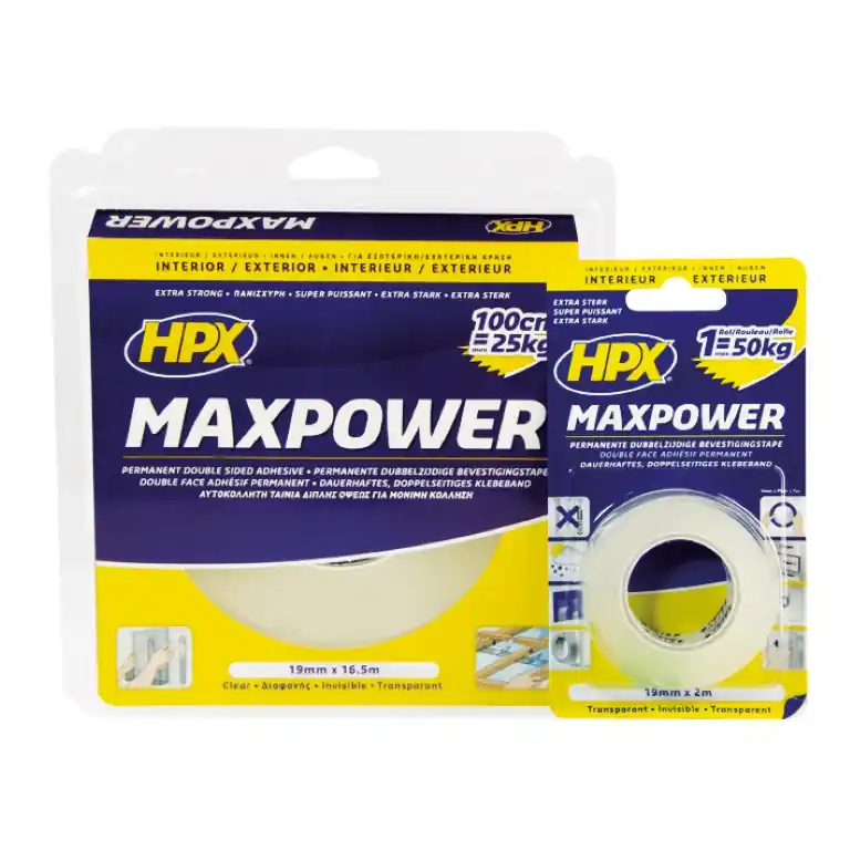 HPX Maxpower Dubbelzijdig Kleefband Transparant 16.5 meter rollengte x 19mm Seizoensaanbieding